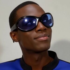 Men Sunglasses Black Frame Blue Lens Street Trendy Shield Wrap Around UV400 Gang